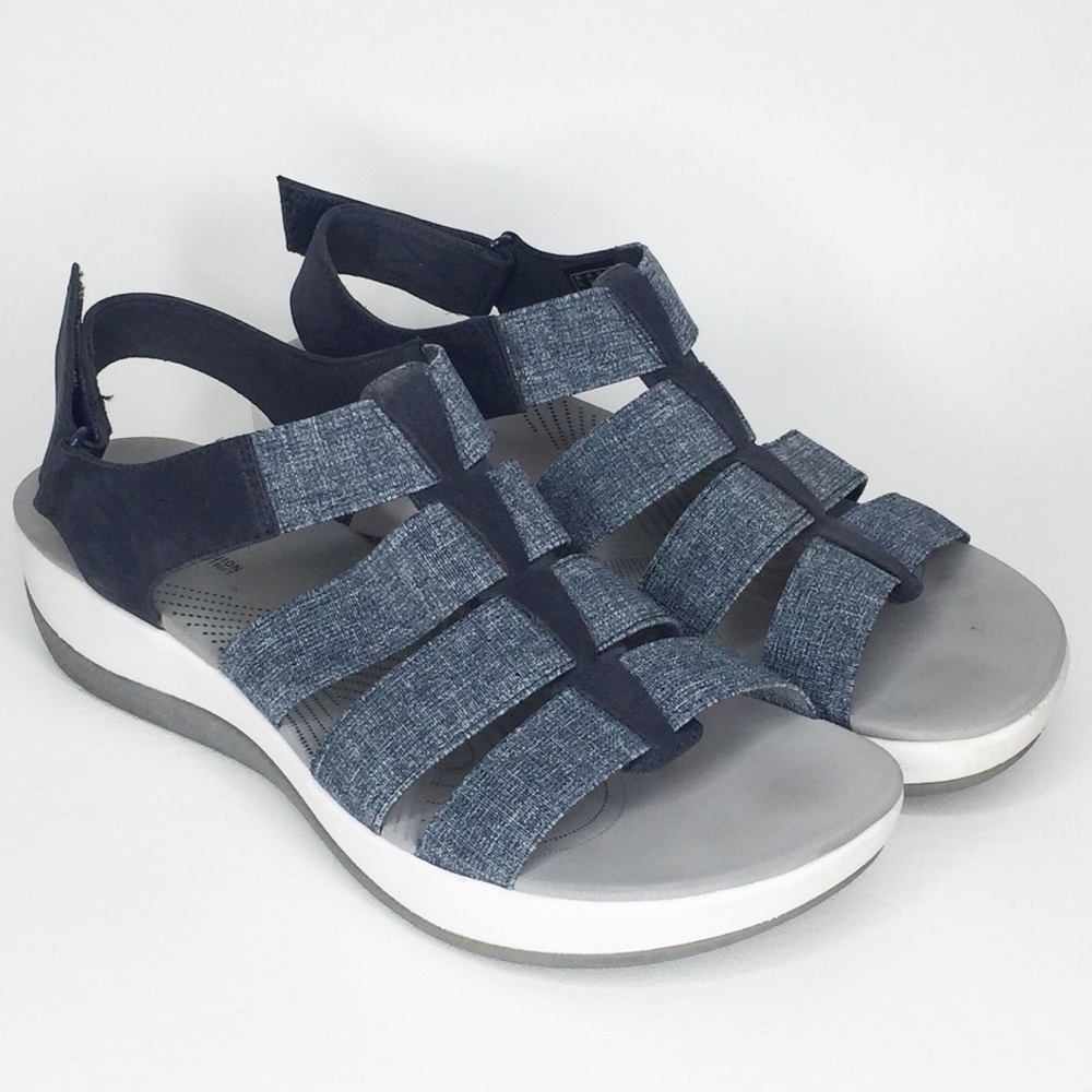 CLARKS Cloud Steppers Cushion Soft Navy White Arla Shaylie Sandal 10